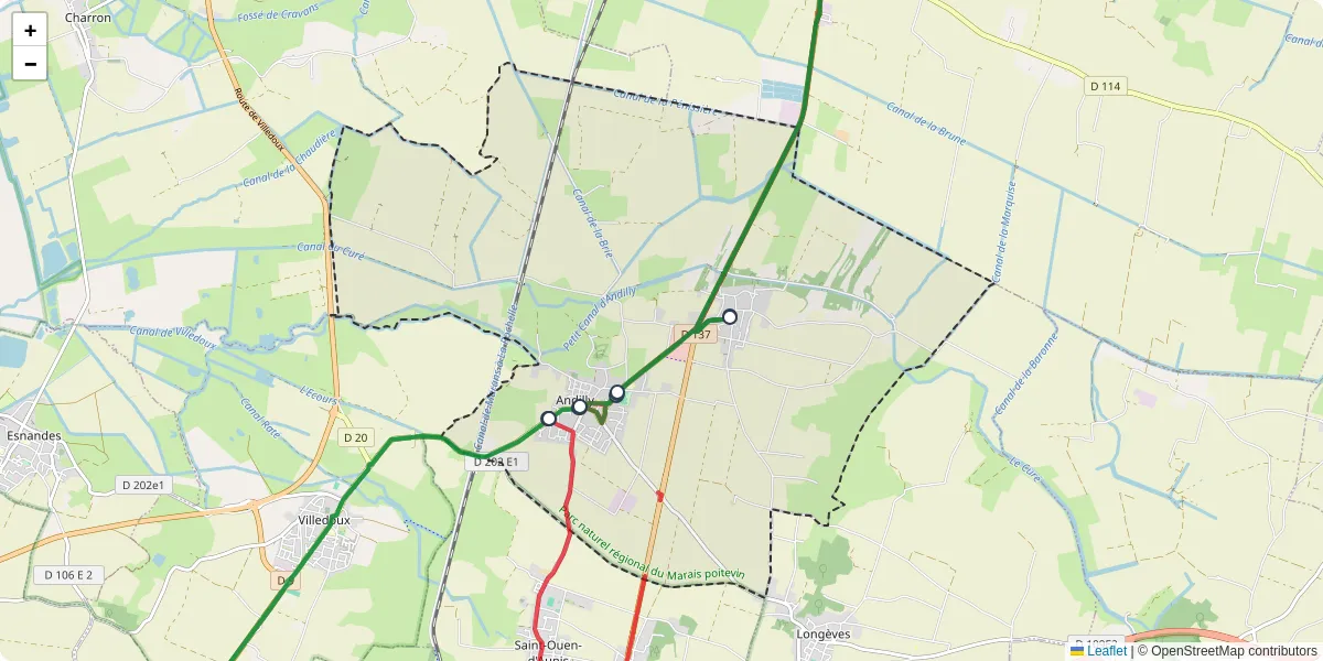 Carte du réseau de transport en commun à Andilly-les-Marais - lignes de bus et arrêts