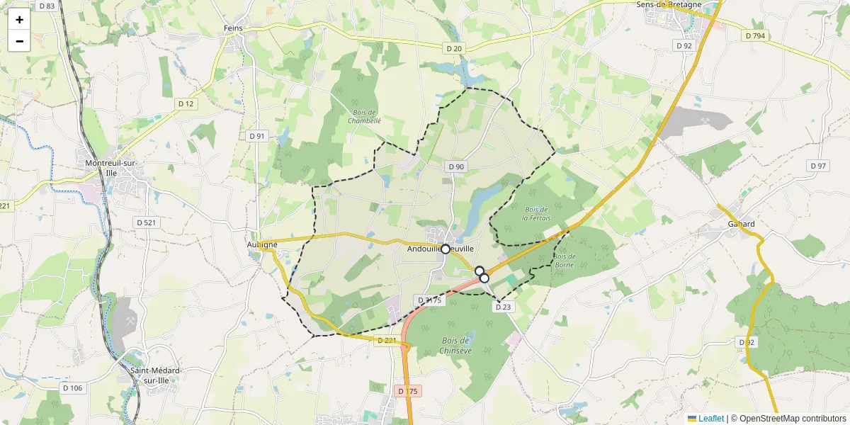 Carte du réseau de transport en commun à Andouillé-Neuville - lignes de bus et arrêts