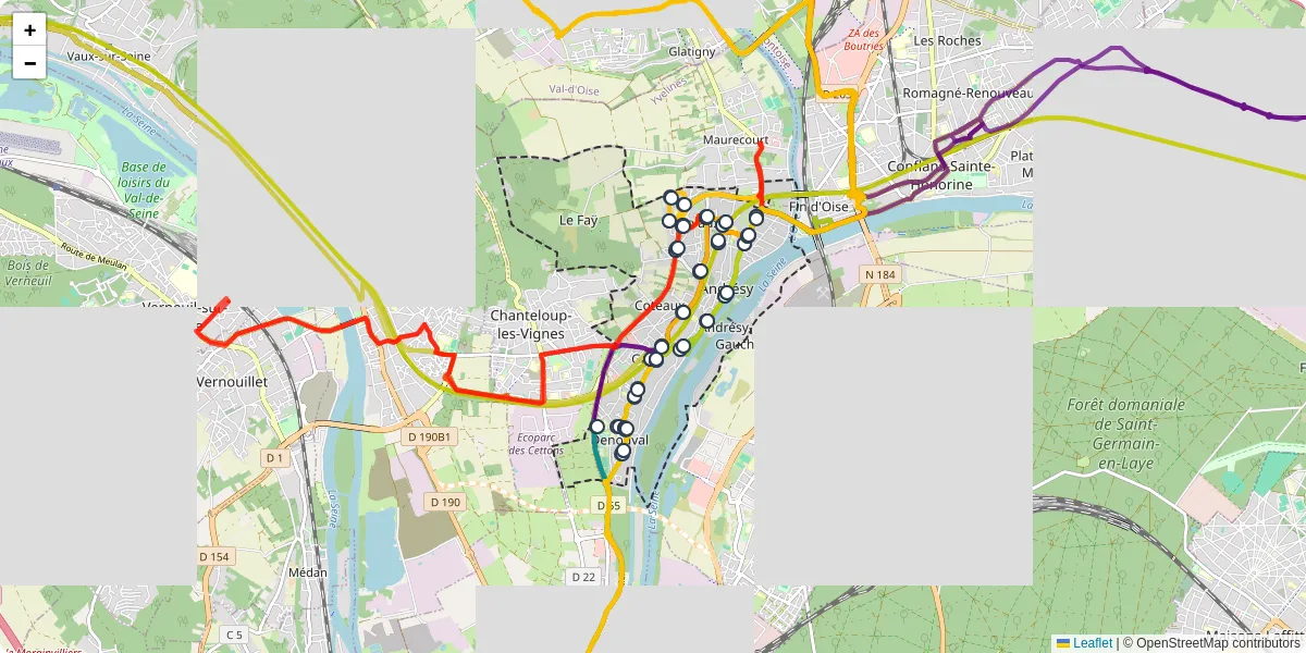 Carte du réseau de transport en commun à Andrésy - lignes de bus et arrêts