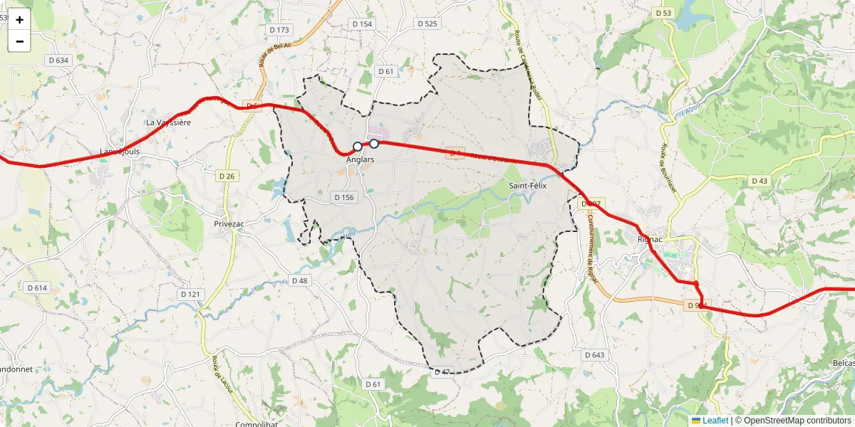 Carte du réseau de transport en commun à Anglars-Saint-Félix - lignes de bus et arrêts