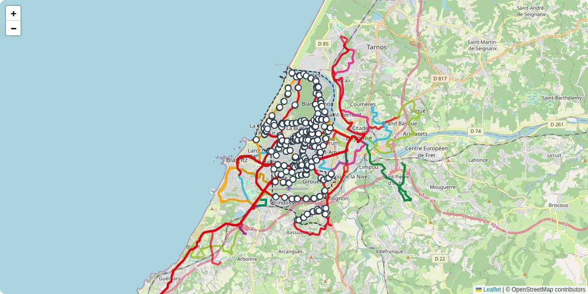 Carte du réseau de transport en commun à Anglet - lignes de bus et arrêts