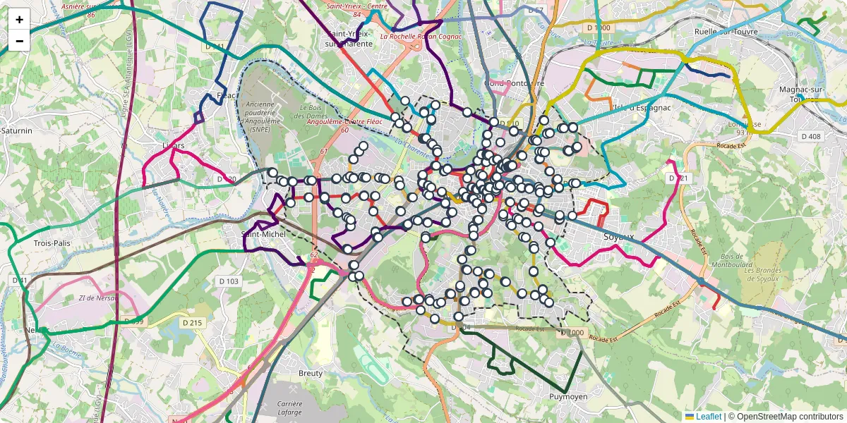 Carte du réseau de transport en commun à Angoulême - lignes de bus et arrêts