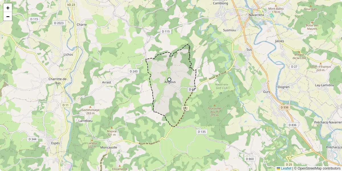 Carte du réseau de transport en commun à Angous - lignes de bus et arrêts