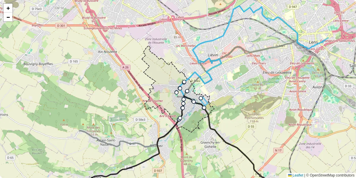 Carte du réseau de transport en commun à Angres - lignes de bus et arrêts