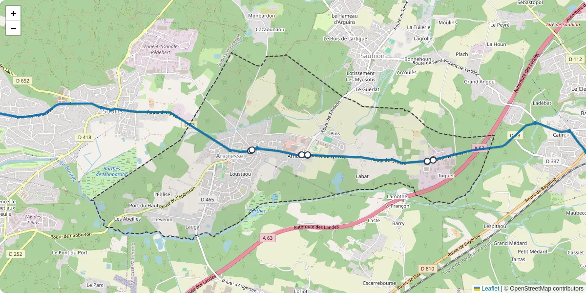 Carte du réseau de transport en commun à Angresse - lignes de bus et arrêts