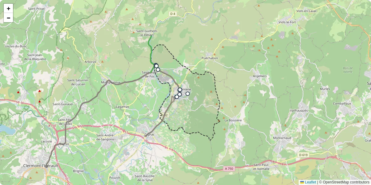 Carte du réseau de transport en commun à Aniane - lignes de bus et arrêts