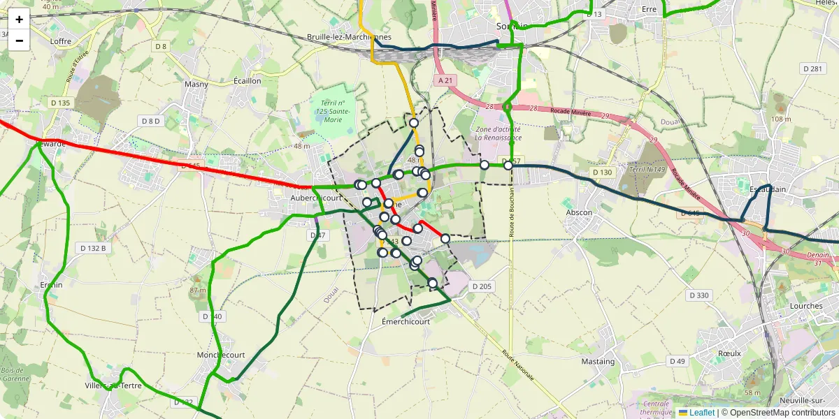 Carte du réseau de transport en commun à Aniche - lignes de bus et arrêts