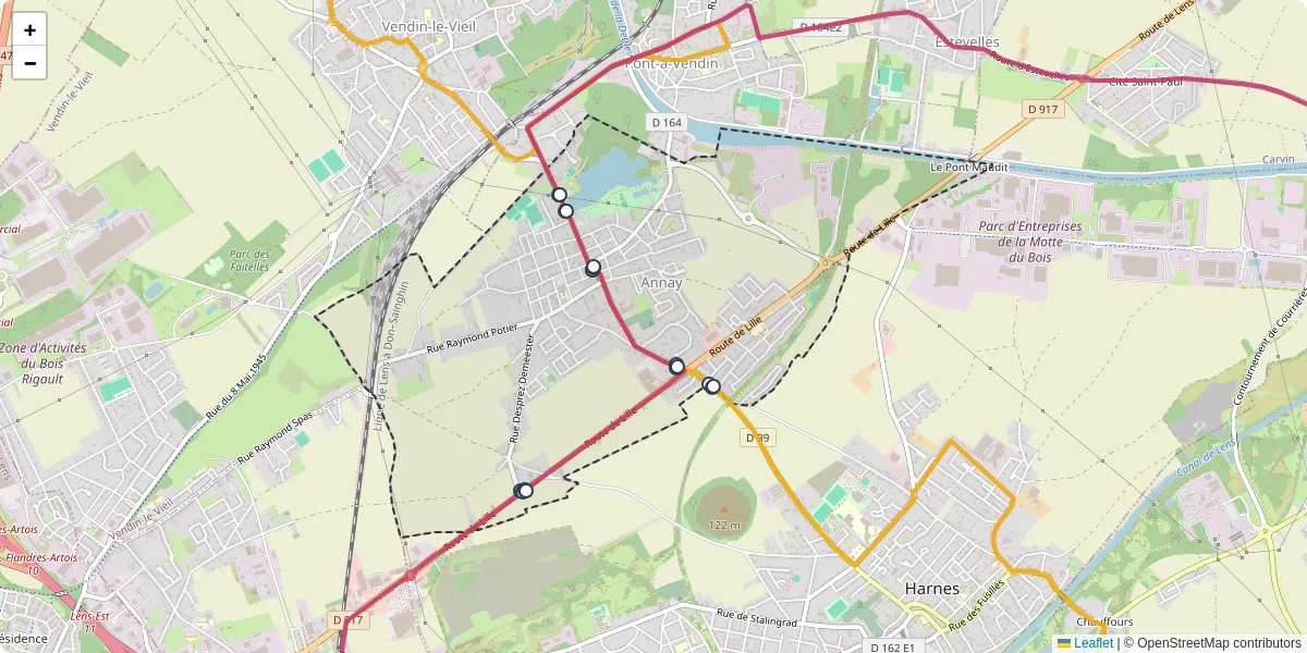 Carte du réseau de transport en commun à Annay - lignes de bus et arrêts