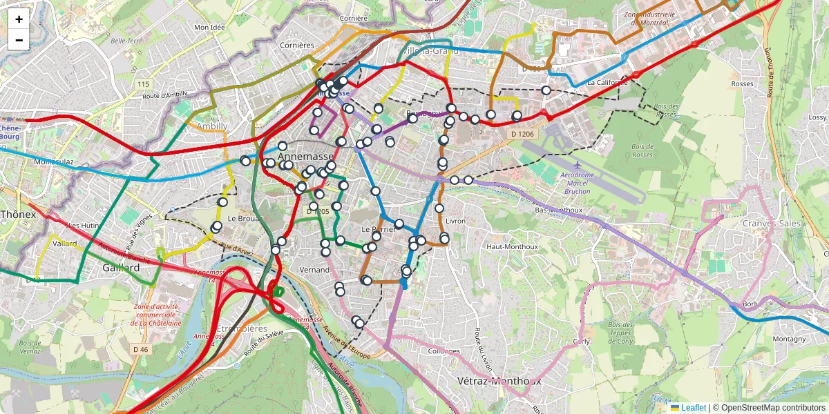 Carte du réseau de transport en commun à Annemasse - lignes de bus et arrêts
