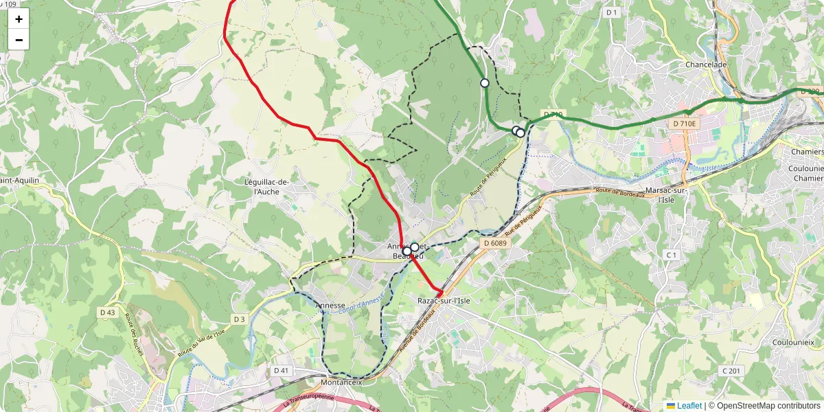 Carte du réseau de transport en commun à Annesse-et-Beaulieu - lignes de bus et arrêts