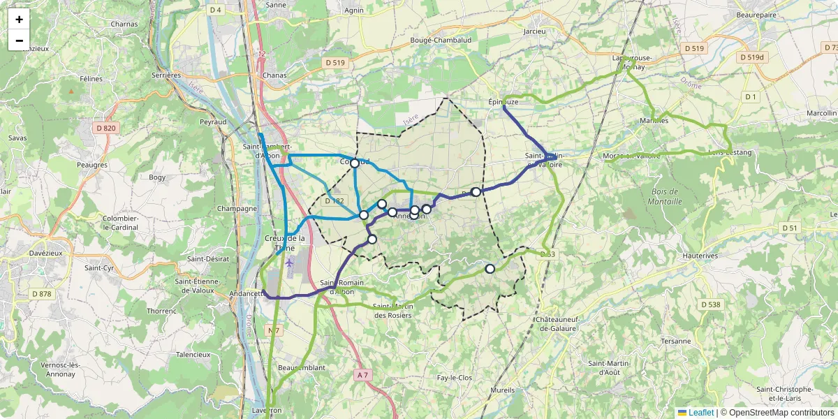 Carte du réseau de transport en commun à Anneyron - lignes de bus et arrêts