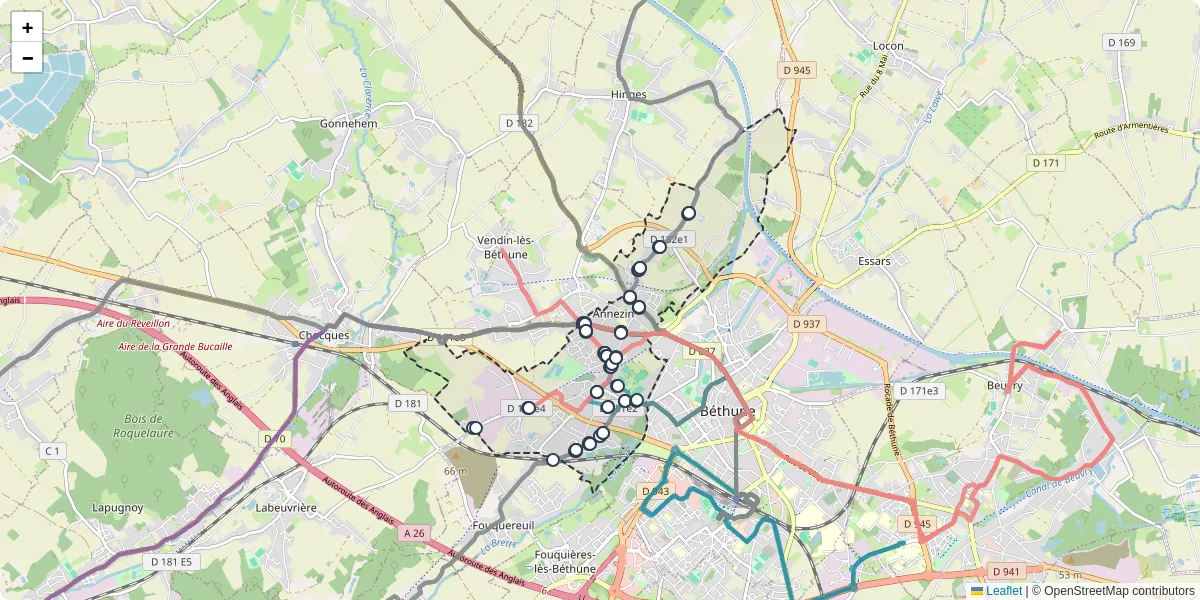 Carte du réseau de transport en commun à Annezin - lignes de bus et arrêts