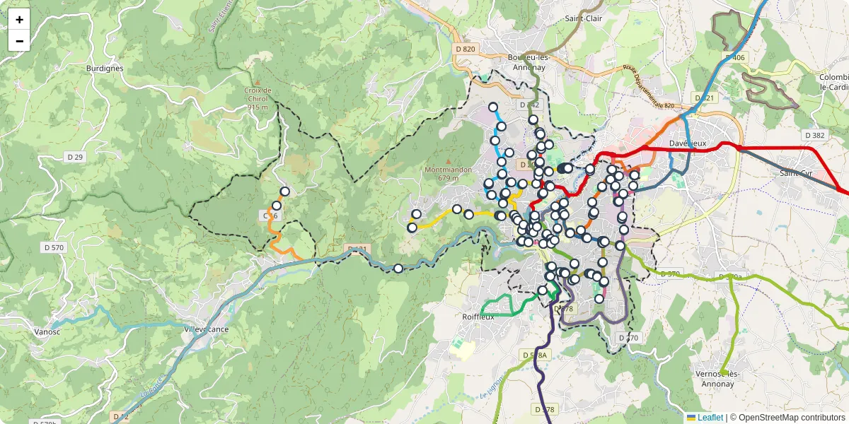 Carte du réseau de transport en commun à Annonay - lignes de bus et arrêts
