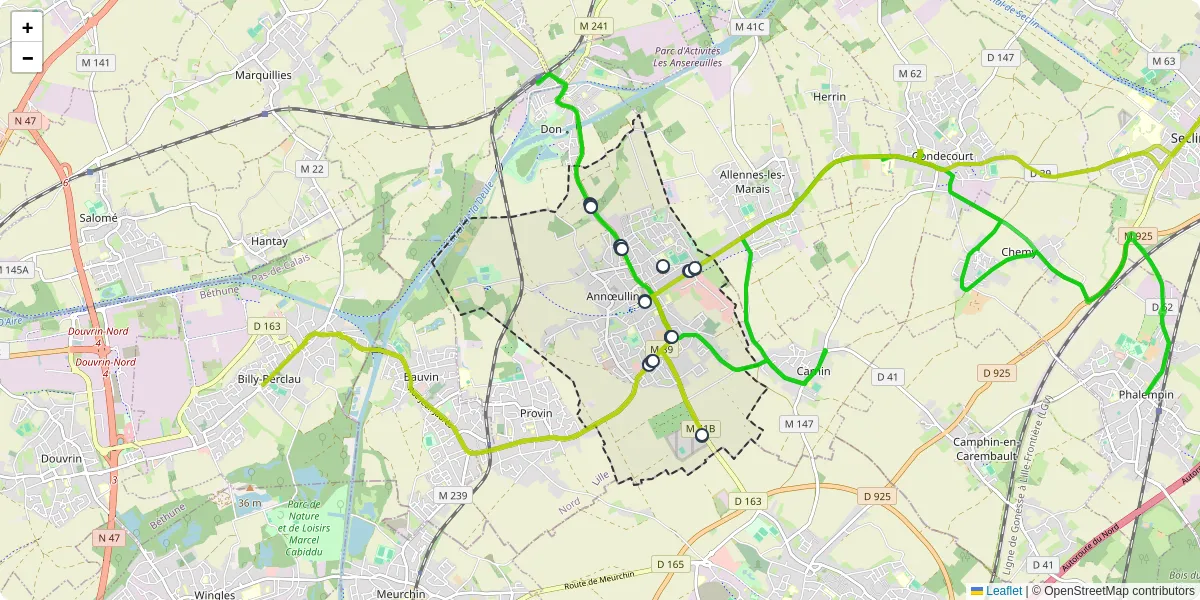 Carte du réseau de transport en commun à Annœullin - lignes de bus et arrêts