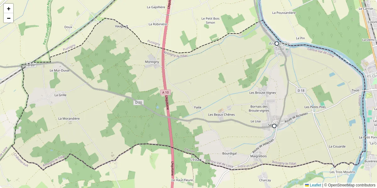 Carte du réseau de transport en commun à Antogny-le-Tillac - lignes de bus et arrêts