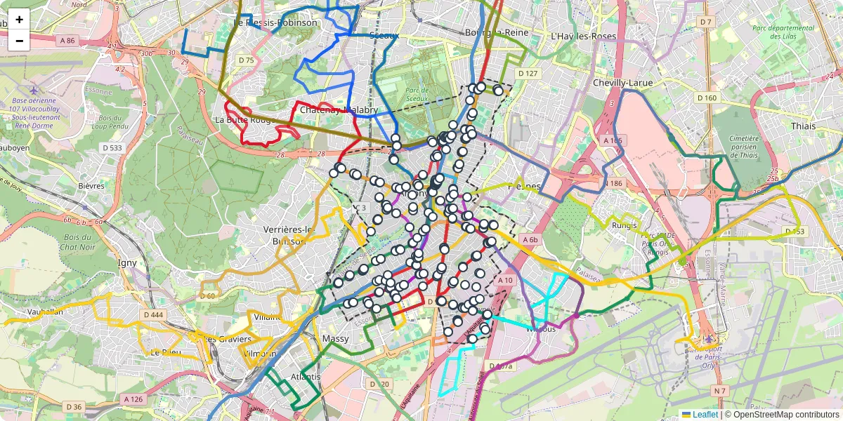 Carte du réseau de transport en commun à Antony - lignes de bus et arrêts