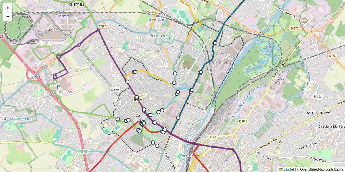 Carte du réseau de transport en commun à Anzin - lignes de bus et arrêts