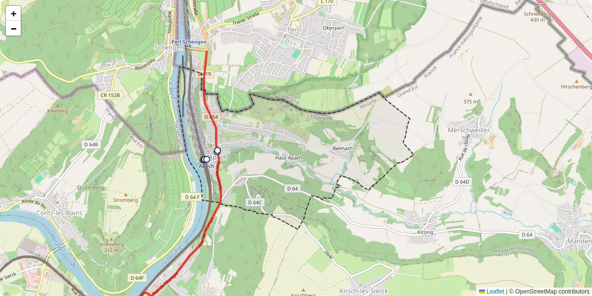 Carte du réseau de transport en commun à Apach - lignes de bus et arrêts