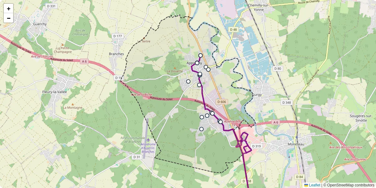 Carte du réseau de transport en commun à Appoigny - lignes de bus et arrêts