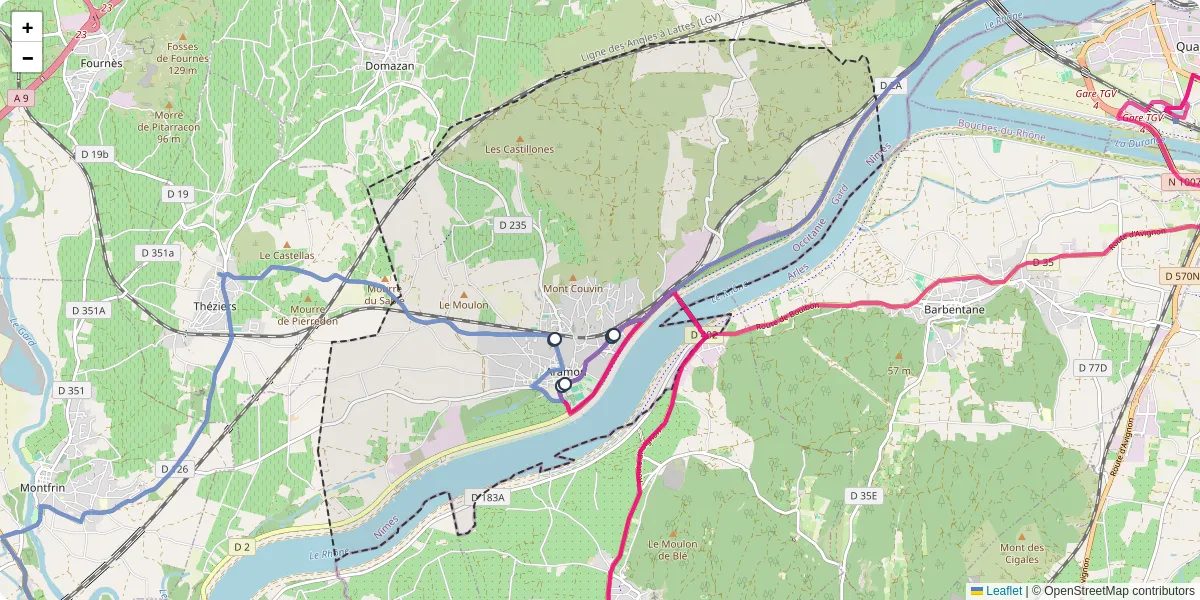 Carte du réseau de transport en commun à Aramon - lignes de bus et arrêts