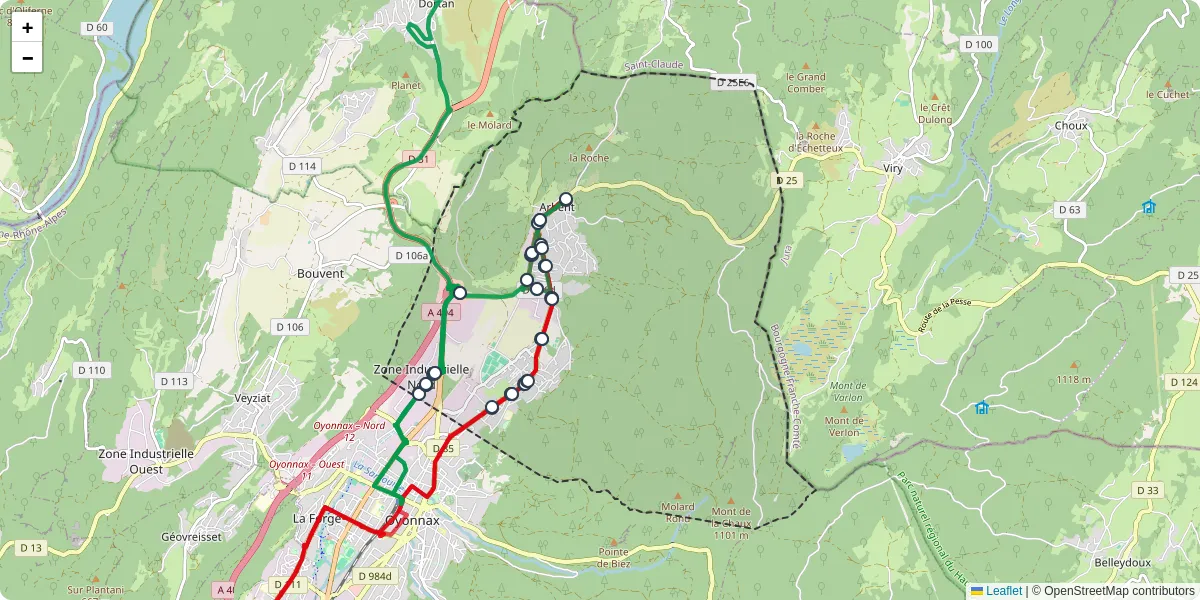 Carte du réseau de transport en commun à Arbent - lignes de bus et arrêts