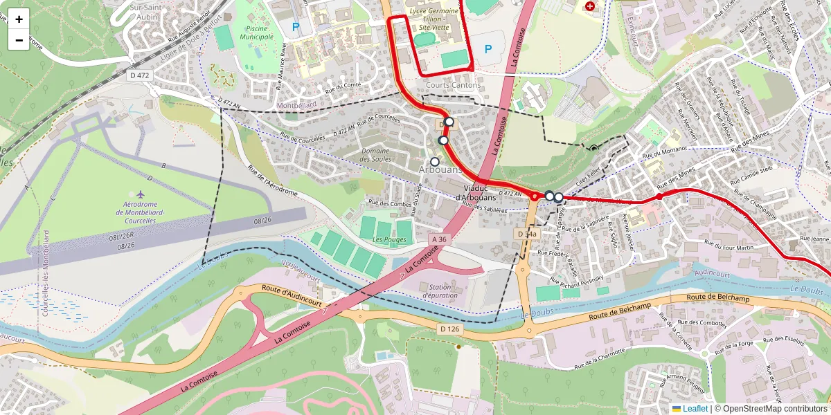 Carte du réseau de transport en commun à Arbouans - lignes de bus et arrêts