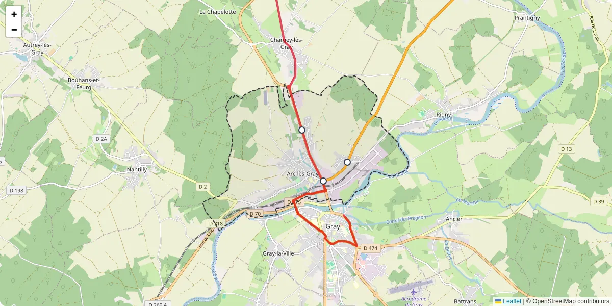 Carte du réseau de transport en commun à Arc-lès-Gray - lignes de bus et arrêts