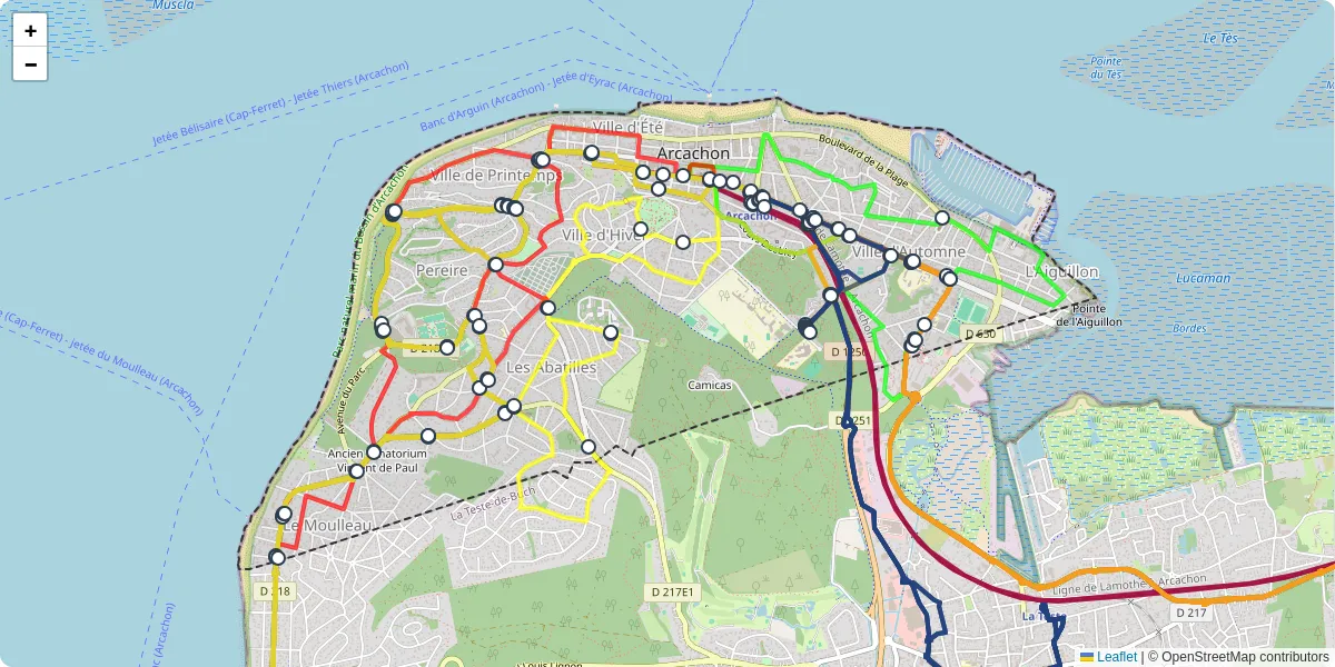 Carte du réseau de transport en commun à Arcachon - lignes de bus et arrêts