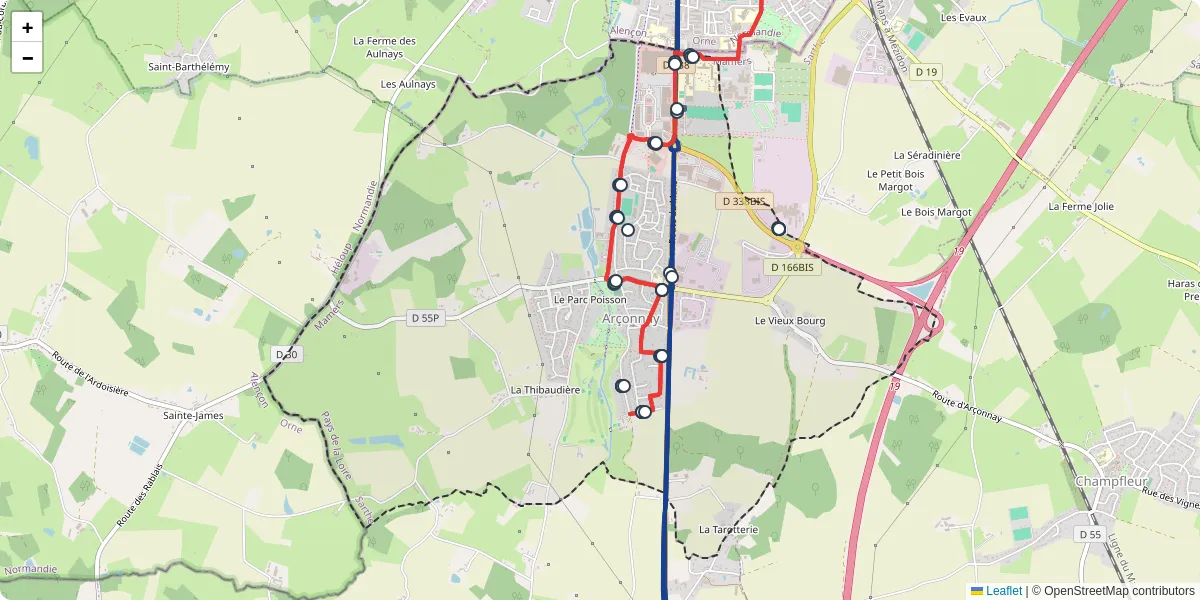 Carte du réseau de transport en commun à Arçonnay - lignes de bus et arrêts