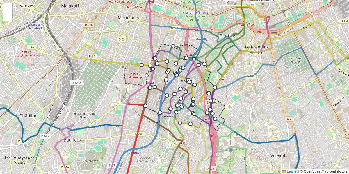 Carte du réseau de transport en commun à Arcueil - lignes de bus et arrêts