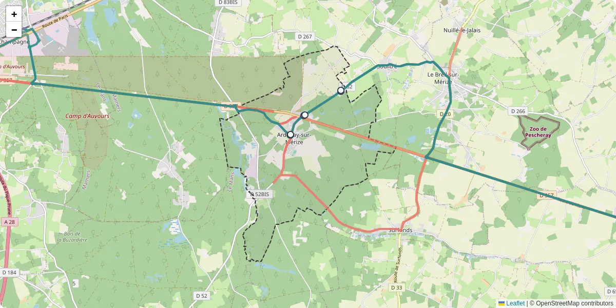 Carte du réseau de transport en commun à Ardenay-sur-Mérize - lignes de bus et arrêts
