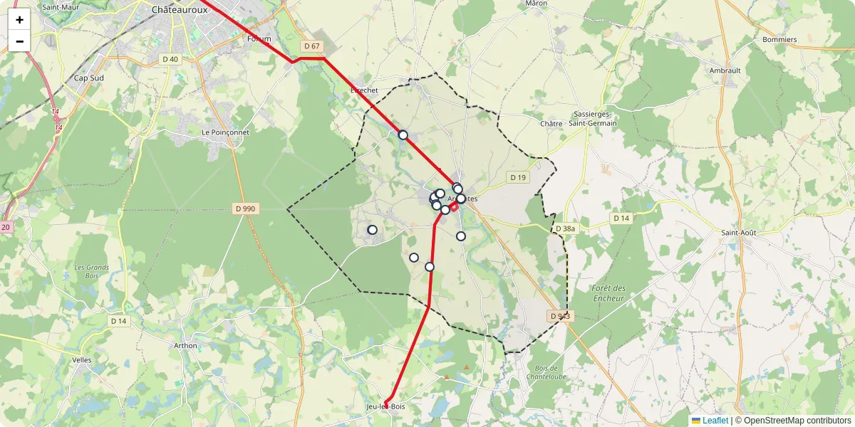 Carte du réseau de transport en commun à Ardentes - lignes de bus et arrêts