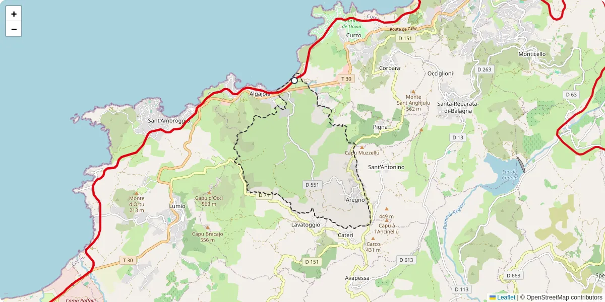 Carte du réseau de transport en commun à Aregno - lignes de bus et arrêts