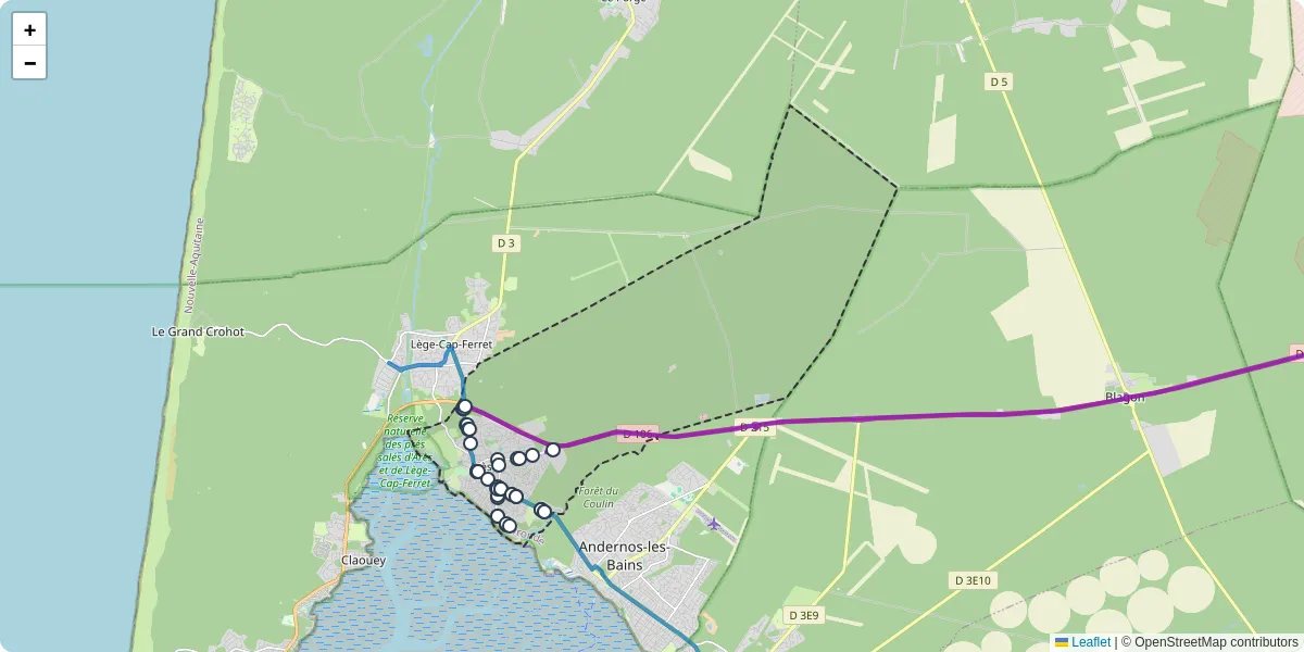 Carte du réseau de transport en commun à Arès - lignes de bus et arrêts
