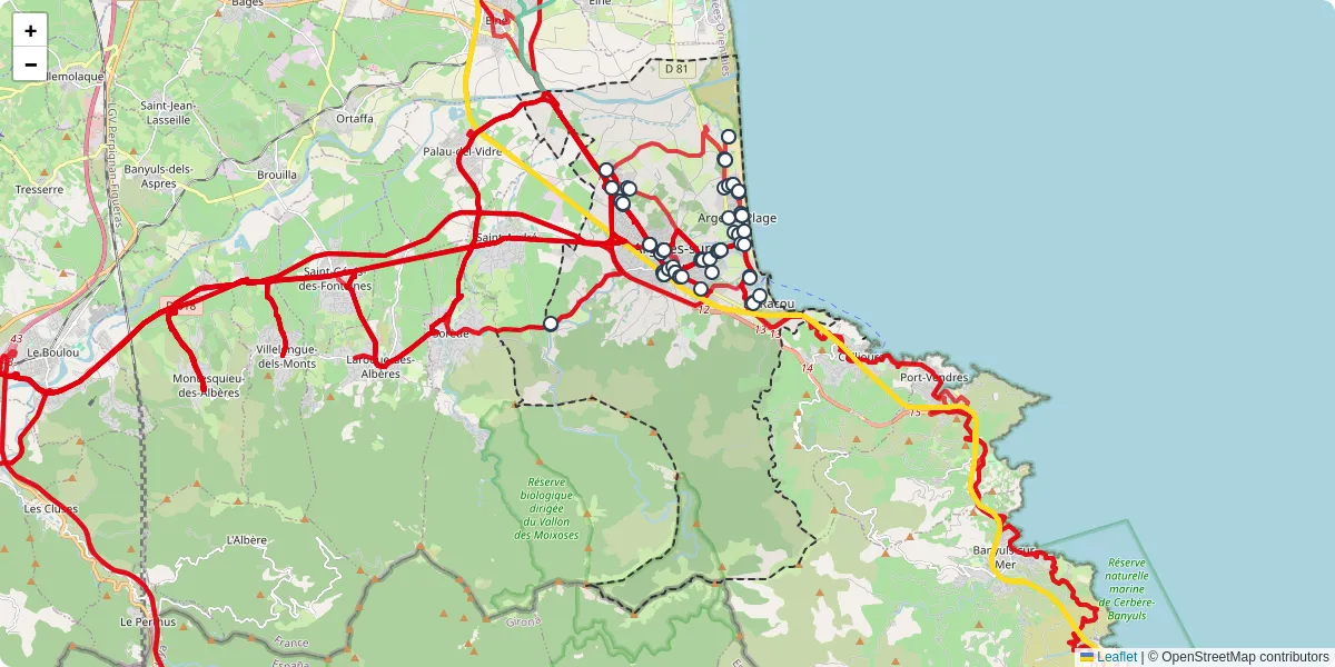 Carte du réseau de transport en commun à Argelès-sur-Mer - lignes de bus et arrêts