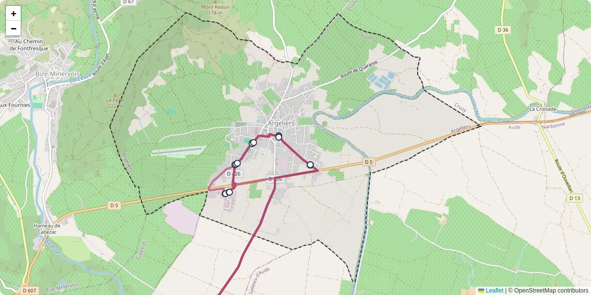 Carte du réseau de transport en commun à Argeliers - lignes de bus et arrêts