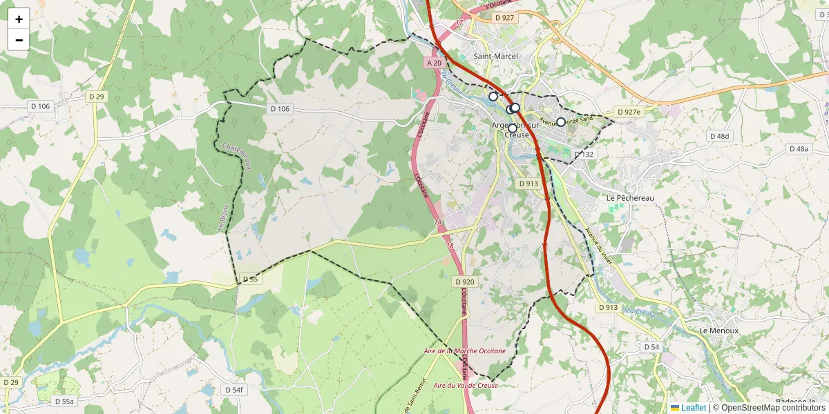 Carte du réseau de transport en commun à Argenton-sur-Creuse - lignes de bus et arrêts