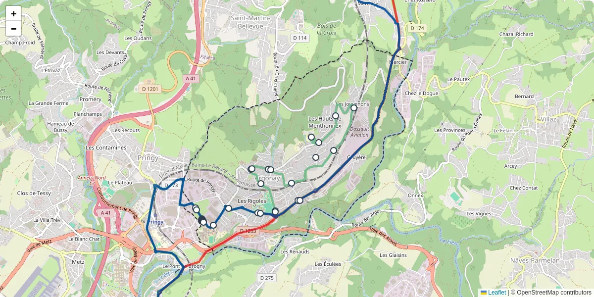 Carte du réseau de transport en commun à Argonay - lignes de bus et arrêts