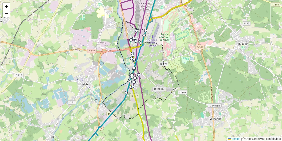 Carte du réseau de transport en commun à Arnage - lignes de bus et arrêts
