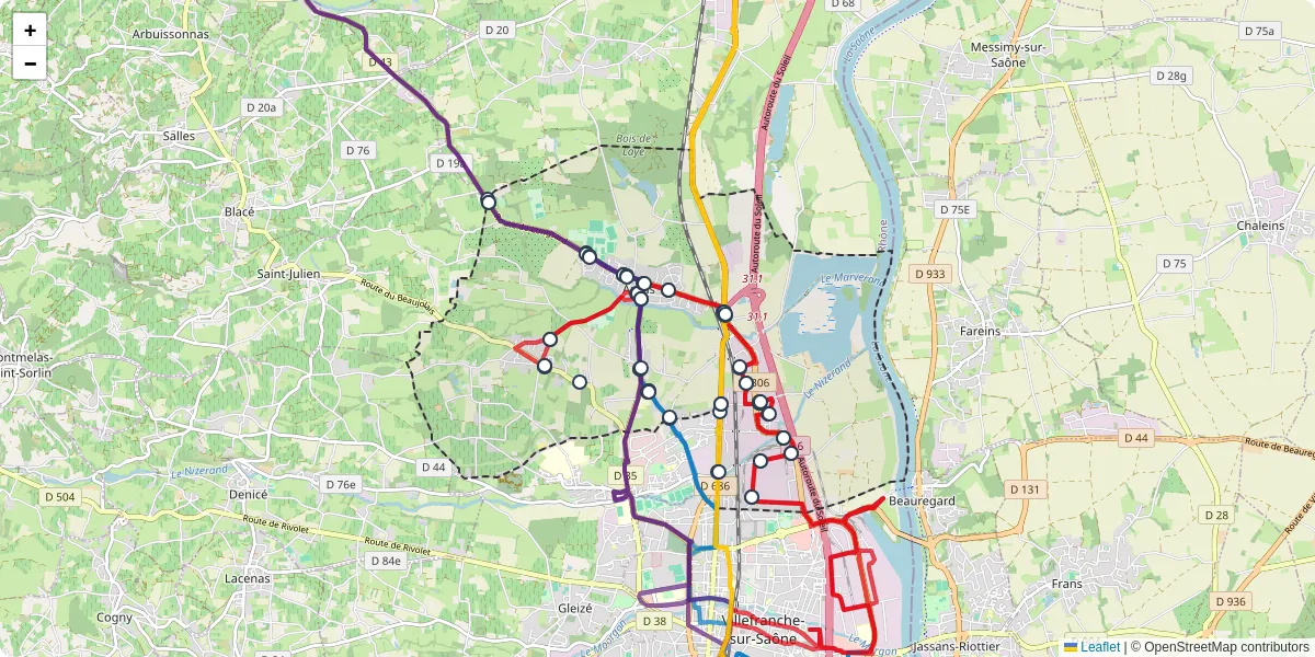 Carte du réseau de transport en commun à Arnas - lignes de bus et arrêts