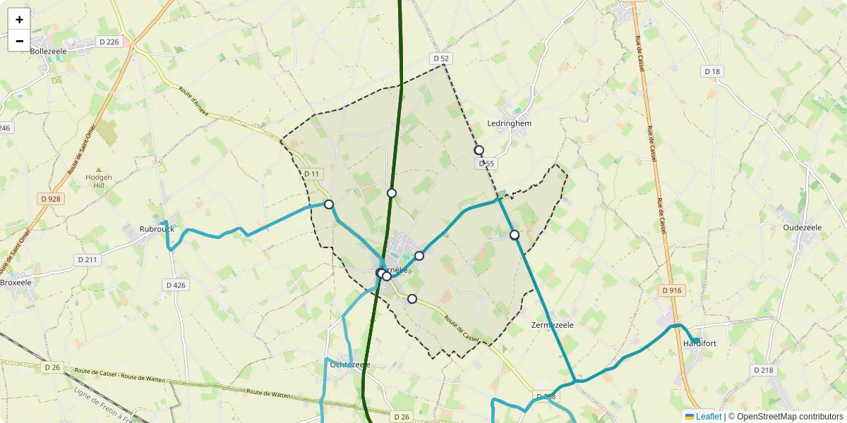 Carte du réseau de transport en commun à Arnèke - lignes de bus et arrêts