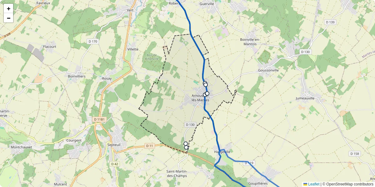 Carte du réseau de transport en commun à Arnouville-lès-Mantes - lignes de bus et arrêts