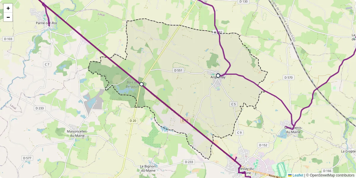 Carte du réseau de transport en commun à Arquenay - lignes de bus et arrêts