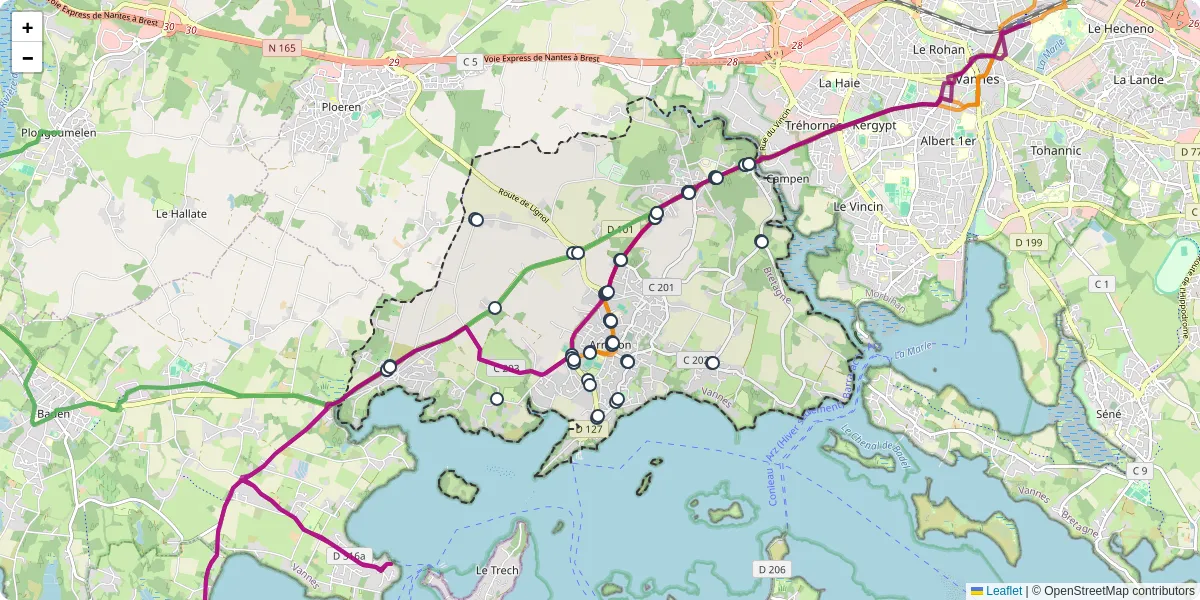 Carte du réseau de transport en commun à Arradon - lignes de bus et arrêts