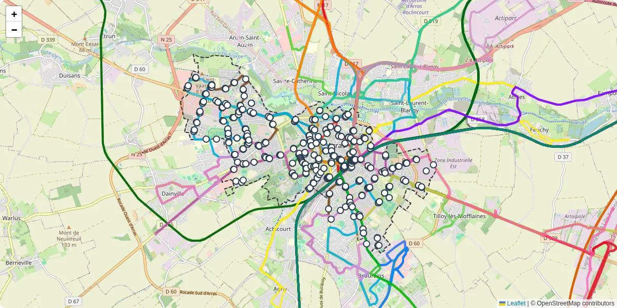 Carte du réseau de transport en commun à Arras - lignes de bus et arrêts