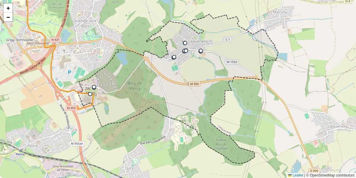 Carte du réseau de transport en commun à Ars-Laquenexy - lignes de bus et arrêts