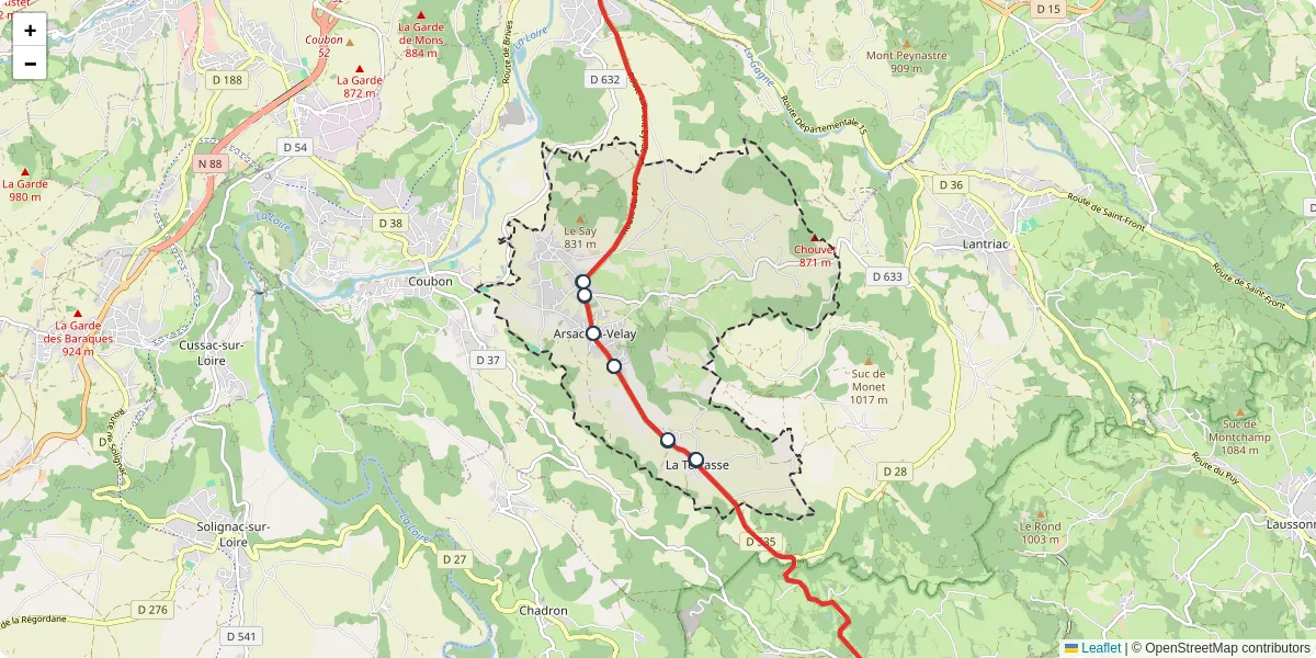 Carte du réseau de transport en commun à Arsac-en-Velay - lignes de bus et arrêts
