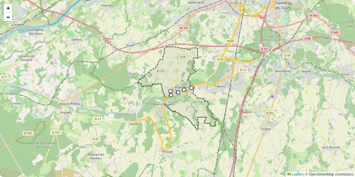 Carte du réseau de transport en commun à Artannes-sur-Indre - lignes de bus et arrêts