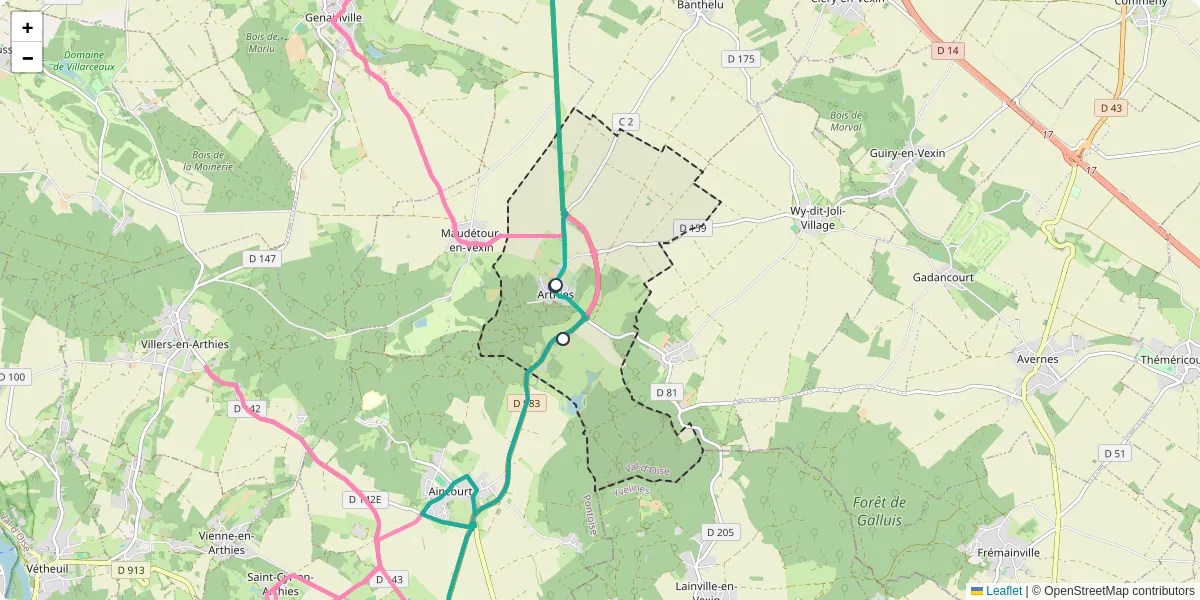 Carte du réseau de transport en commun à Arthies - lignes de bus et arrêts