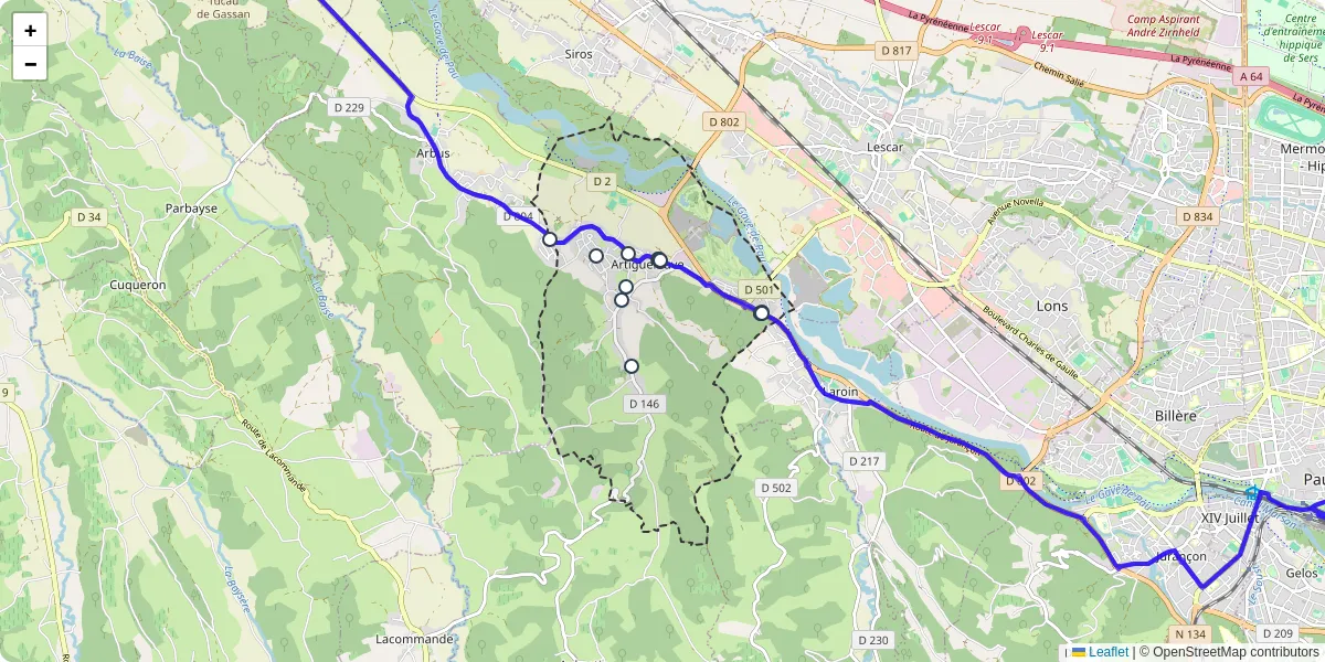 Carte du réseau de transport en commun à Artiguelouve - lignes de bus et arrêts
